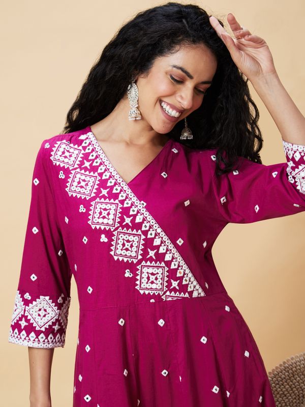 Globus Women Wine Embroidered Mirror Work V-Neck Festive Panelled Anarkali Kurta Set With Trouser