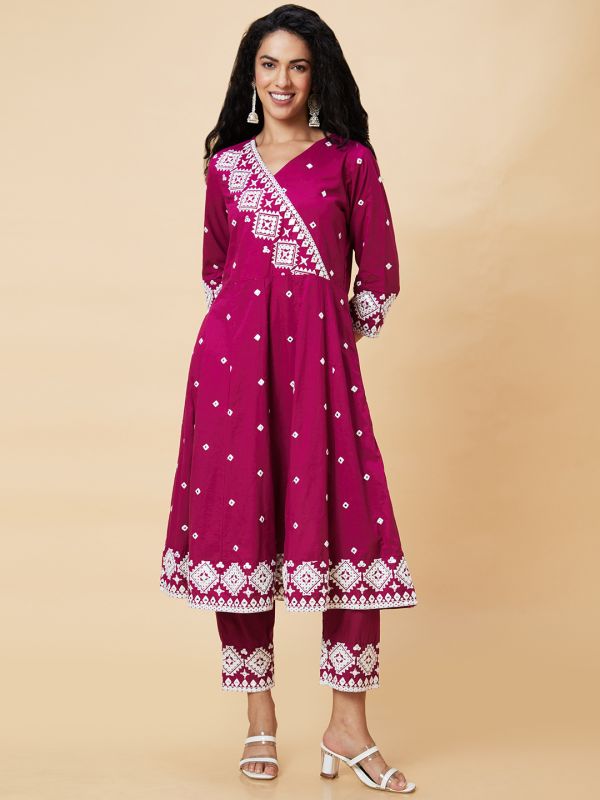 Globus Women Wine Embroidered Mirror Work V-Neck Festive Panelled Anarkali Kurta Set With Trouser