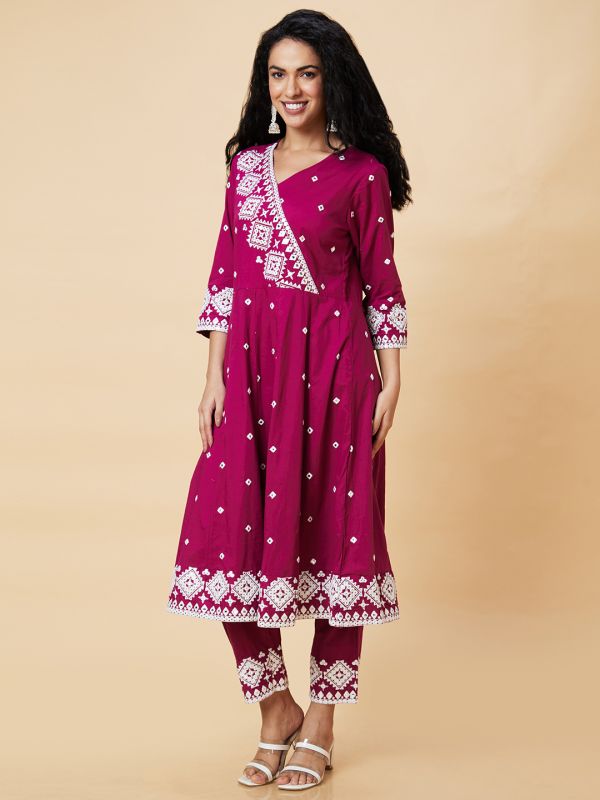 Globus Women Wine Embroidered Mirror Work V-Neck Festive Panelled Anarkali Kurta Set With Trouser