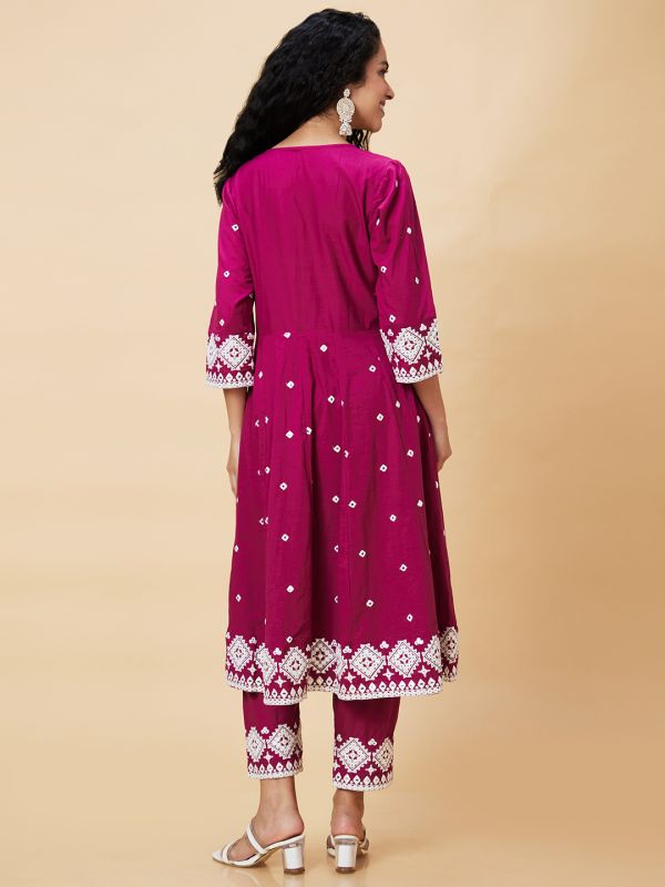 Globus Women Wine Embroidered Mirror Work V-Neck Festive Panelled Anarkali Kurta Set With Trouser
