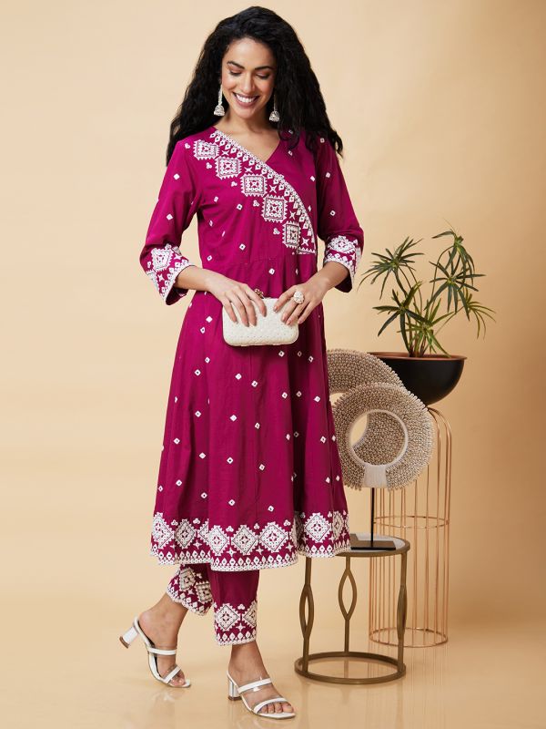 Globus Women Wine Embroidered Mirror Work V-Neck Festive Panelled Anarkali Kurta Set With Trouser