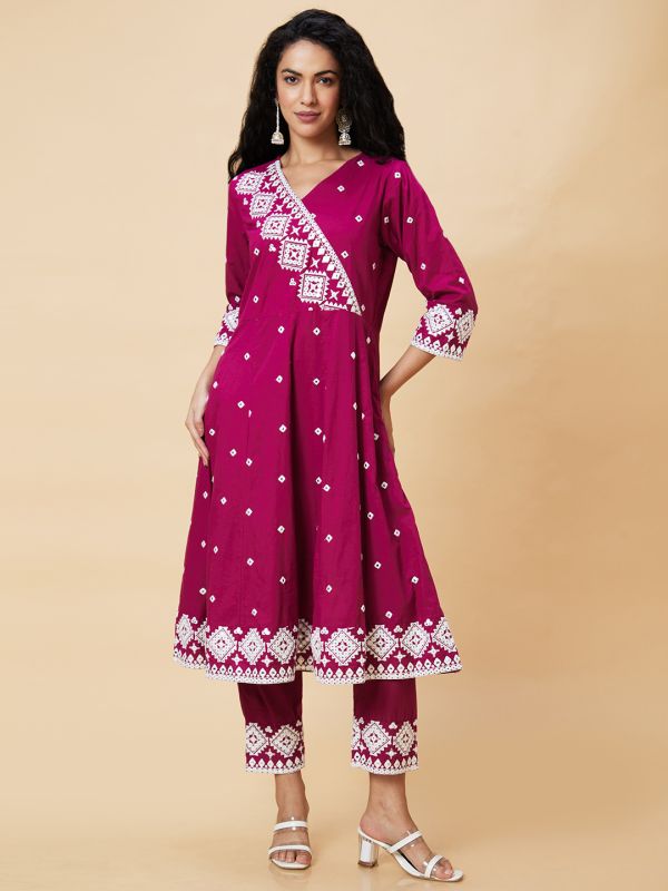 Globus Women Wine Embroidered Mirror Work V-Neck Festive Panelled Anarkali Kurta Set With Trouser