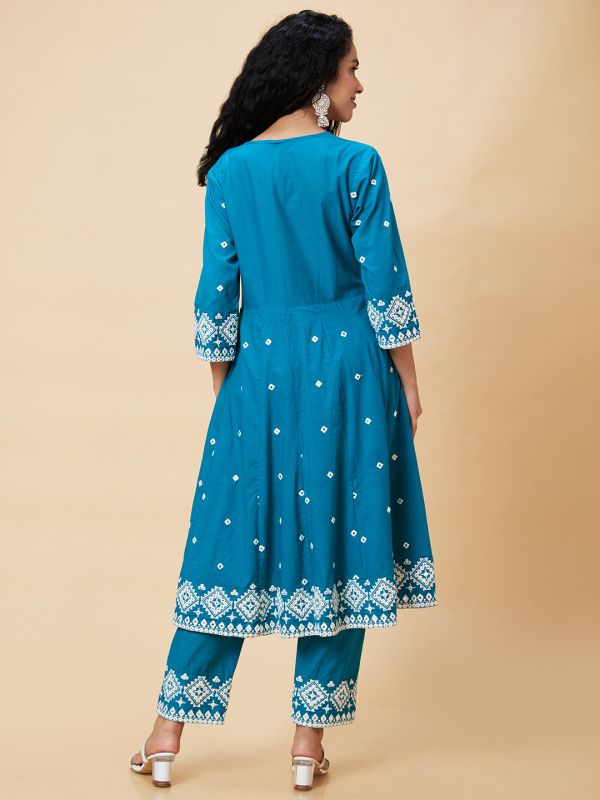 Globus Women Teal Embroidered Mirror Work V-Neck Festive Panelled Anarkali Kurta Set With Trouser