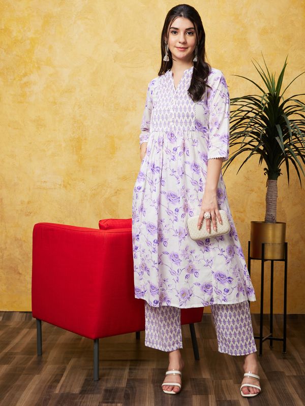 Globus Women Off White Printed A-Line Kurta Set With Trouser