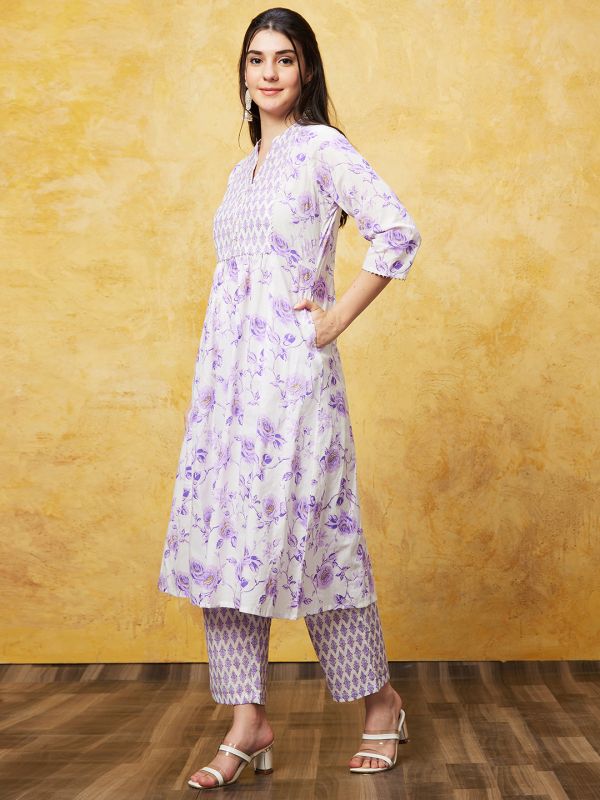 Globus Women Off White Printed A-Line Kurta Set With Trouser