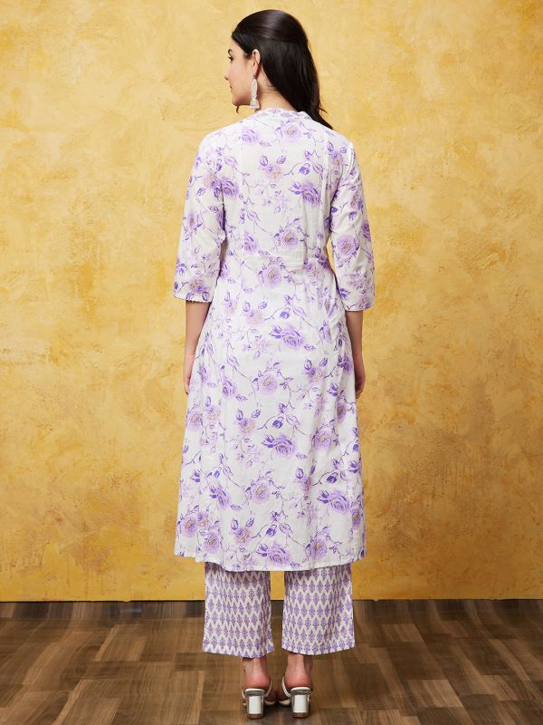Globus Women Off White Printed A-Line Kurta Set With Trouser