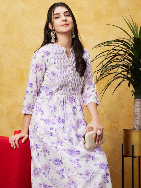 Globus Women Off White Printed A-Line Kurta Set With Trouser