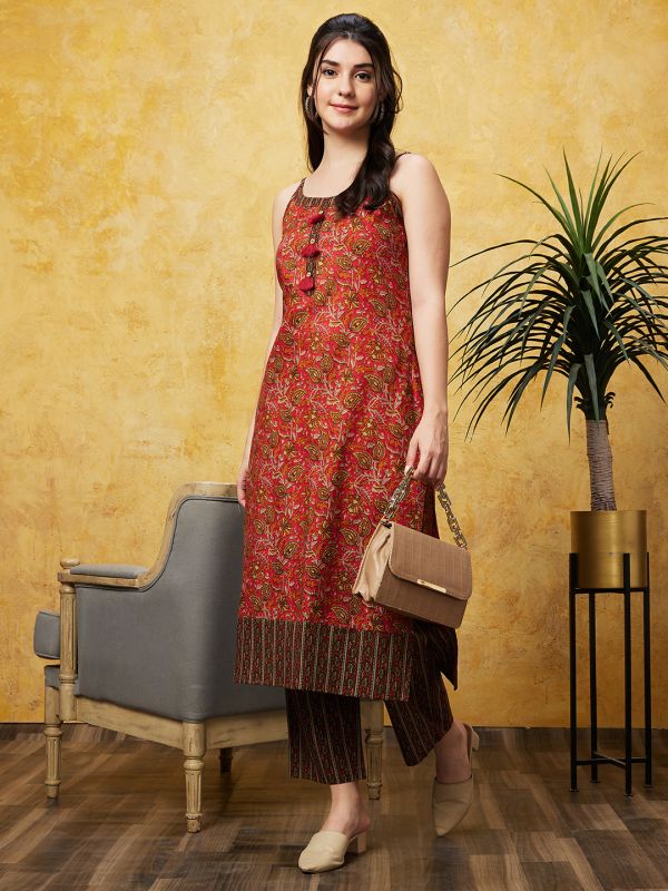 Globus Women Red Printed Kurta Set With Trouser