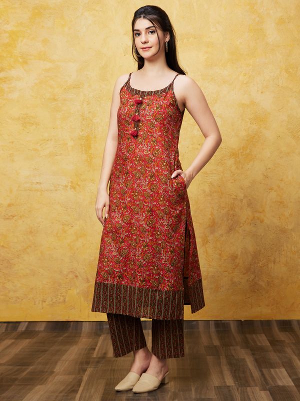 Globus Women Red Printed Kurta Set With Trouser