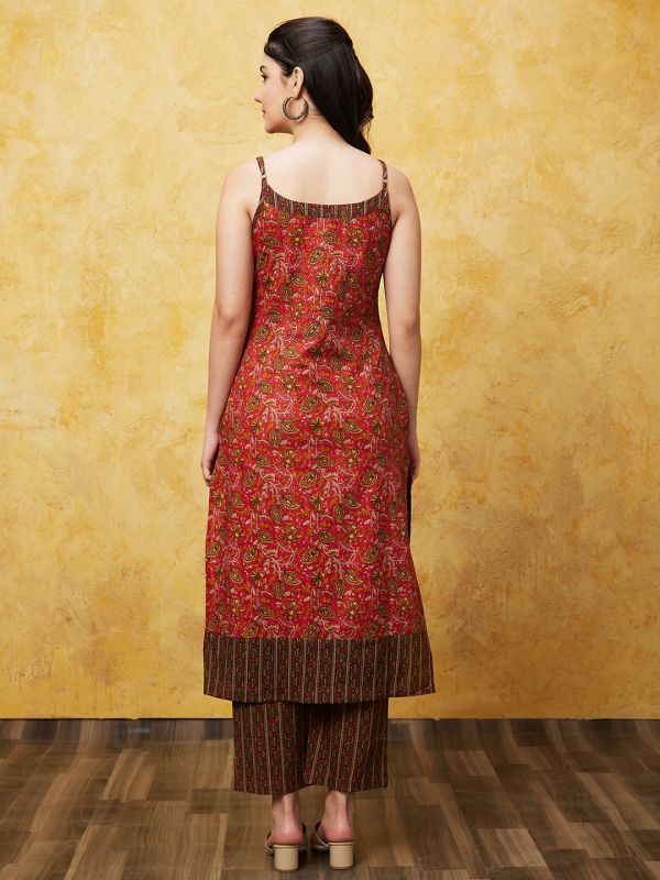 Globus Women Red Printed Kurta Set With Trouser