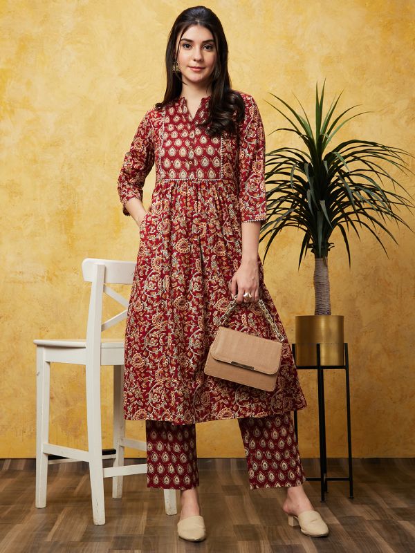 Globus Women Maroon Printed A-Line Kurta Set With Trousers