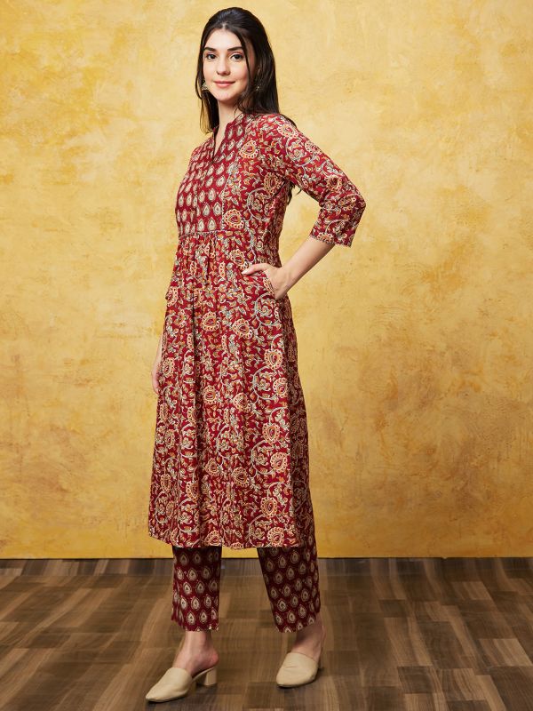Globus Women Maroon Printed A-Line Kurta Set With Trousers