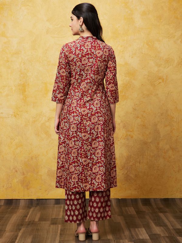 Globus Women Maroon Printed A-Line Kurta Set With Trousers