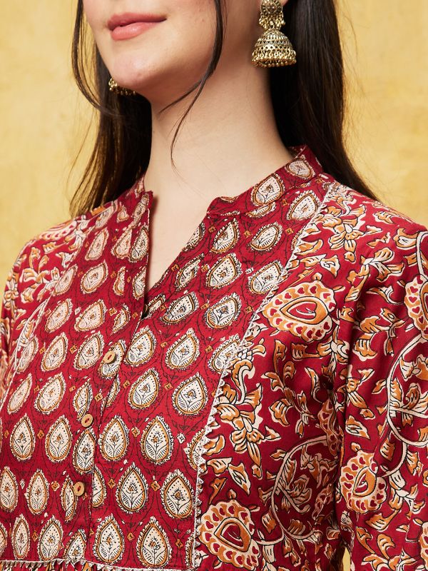 Globus Women Maroon Printed A-Line Kurta Set With Trousers