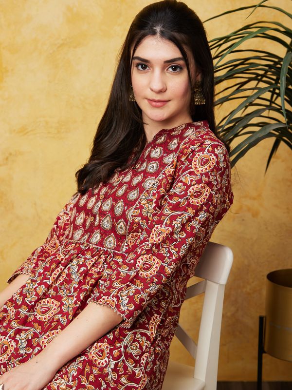 Globus Women Maroon Printed A-Line Kurta Set With Trousers
