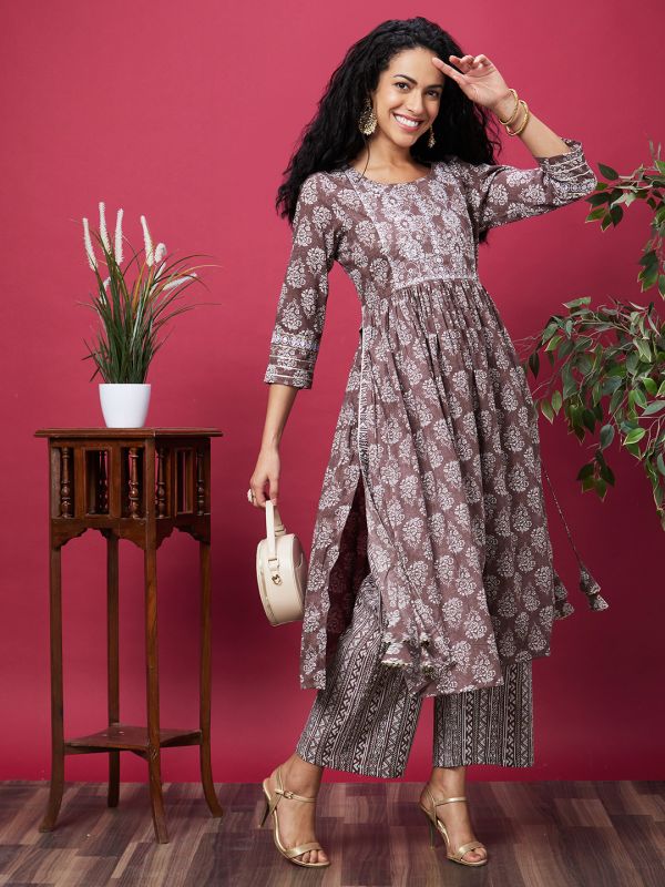Globus Women Taupe Ethnic Motifs Print Kurta Set with Trouser