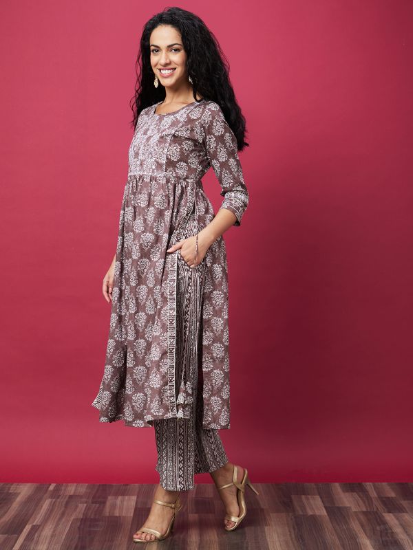 Globus Women Taupe Ethnic Motifs Print Kurta Set with Trouser