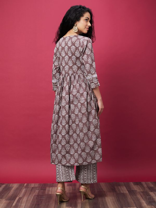 Globus Women Taupe Ethnic Motifs Print Kurta Set with Trouser