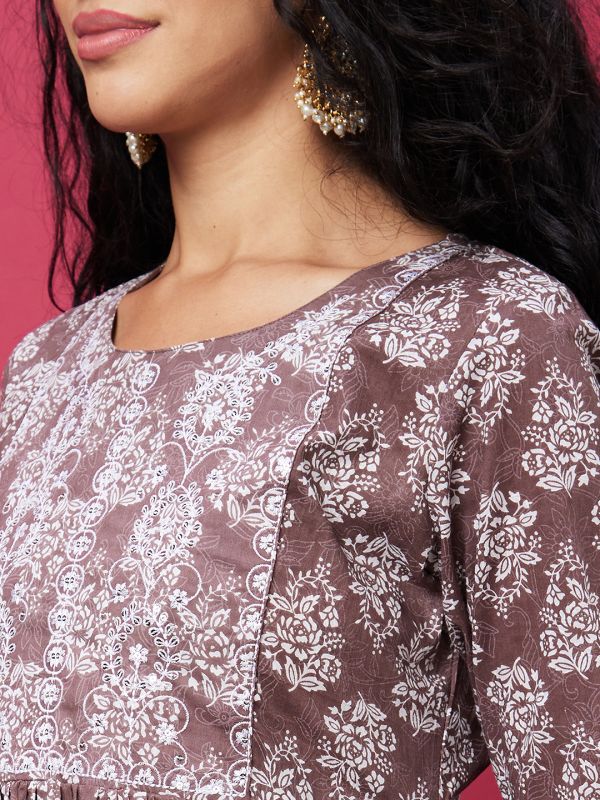 Globus Women Taupe Ethnic Motifs Print Kurta Set with Trouser