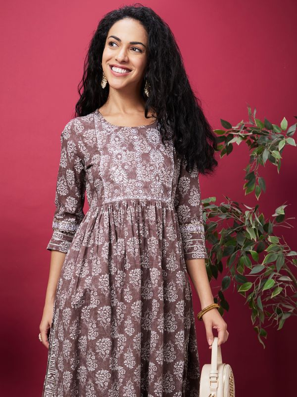 Globus Women Taupe Ethnic Motifs Print Kurta Set with Trouser