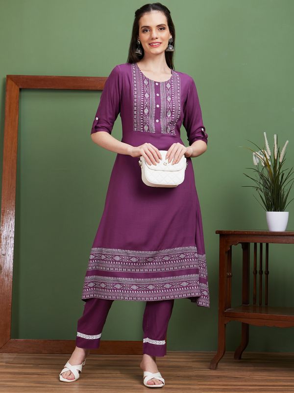 Globus Women Purple Yoke Design Round Neck Casual Flared Kurta With Pant