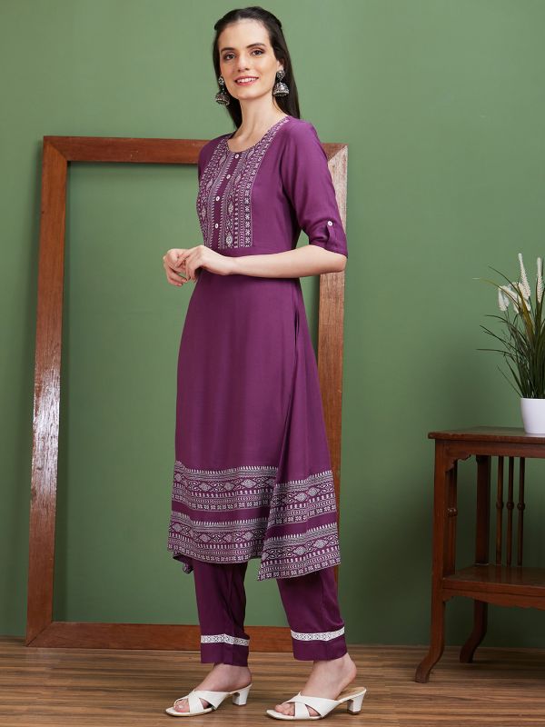 Globus Women Purple Yoke Design Round Neck Casual Flared Kurta With Pant