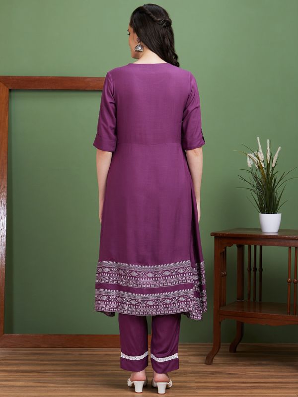 Globus Women Purple Yoke Design Round Neck Casual Flared Kurta With Pant