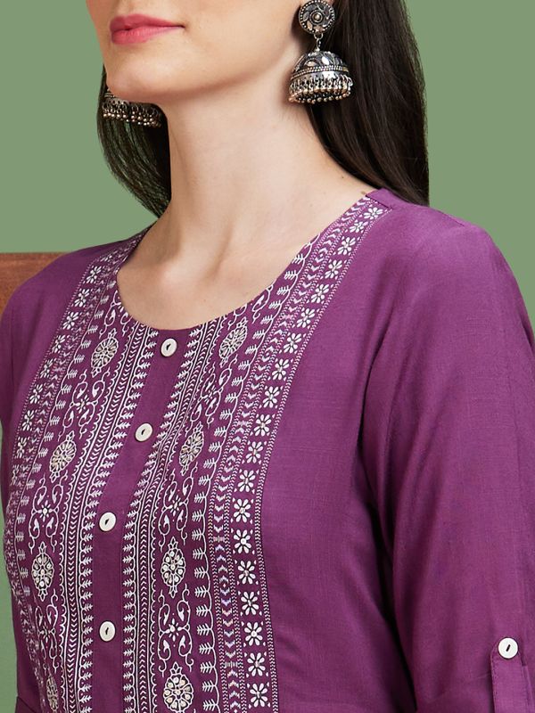 Globus Women Purple Yoke Design Round Neck Casual Flared Kurta With Pant