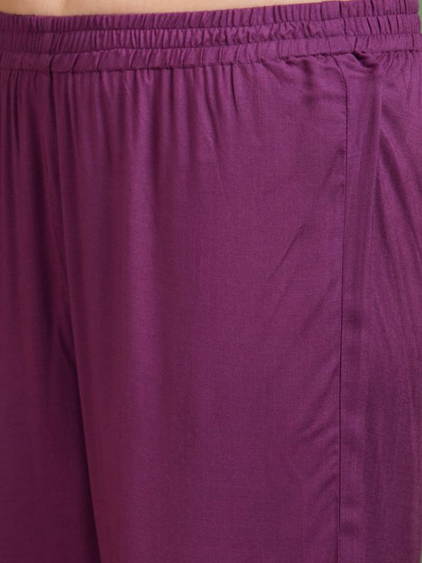 Globus Women Purple Yoke Design Round Neck Casual Flared Kurta With Pant