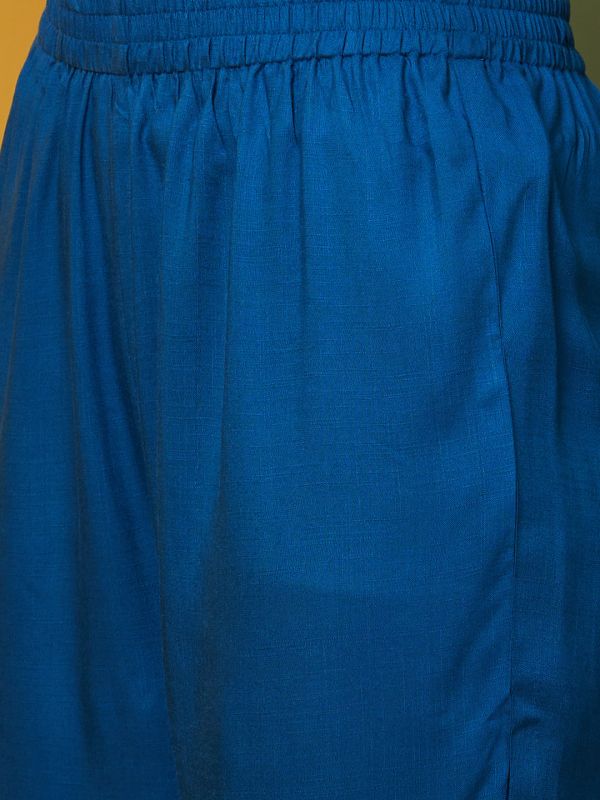 Globus Women Blue Yoke Printed Round Neck A-Line Kurta Set with Trousers