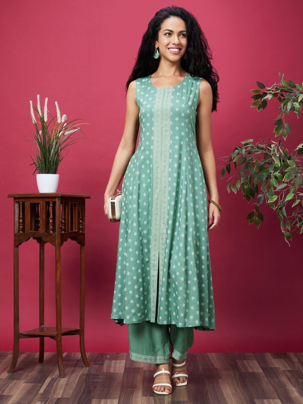 Globus Women Green Ethnic Motifs Print Kurta Set with Trouser