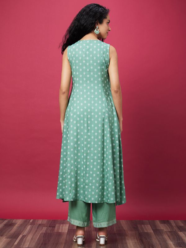 Globus Women Green Ethnic Motifs Print Kurta Set with Trouser