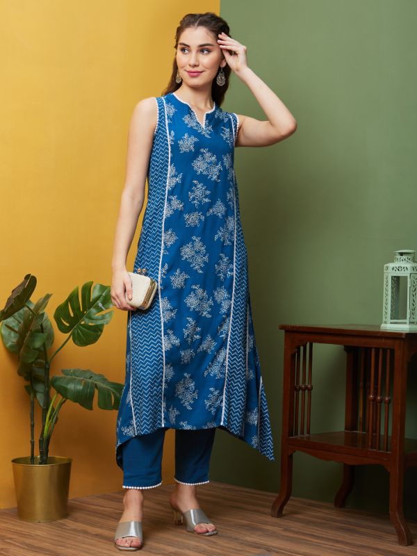Globus Women Blue Floral Printed Asymmetric Hem Panelled A-Line Kurta & Pant Set