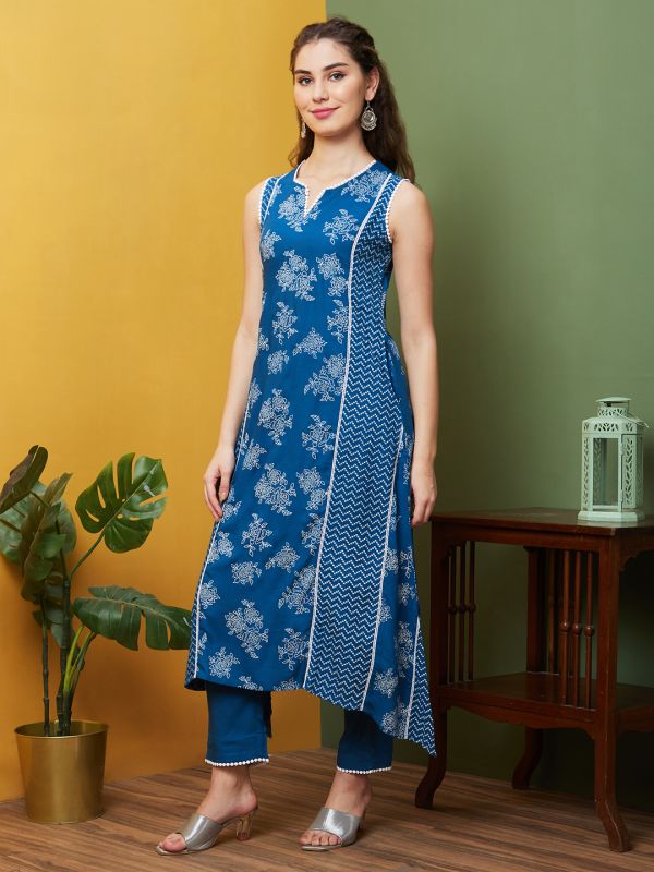 Globus Women Blue Floral Printed Asymmetric Hem Panelled A-Line Kurta & Pant Set