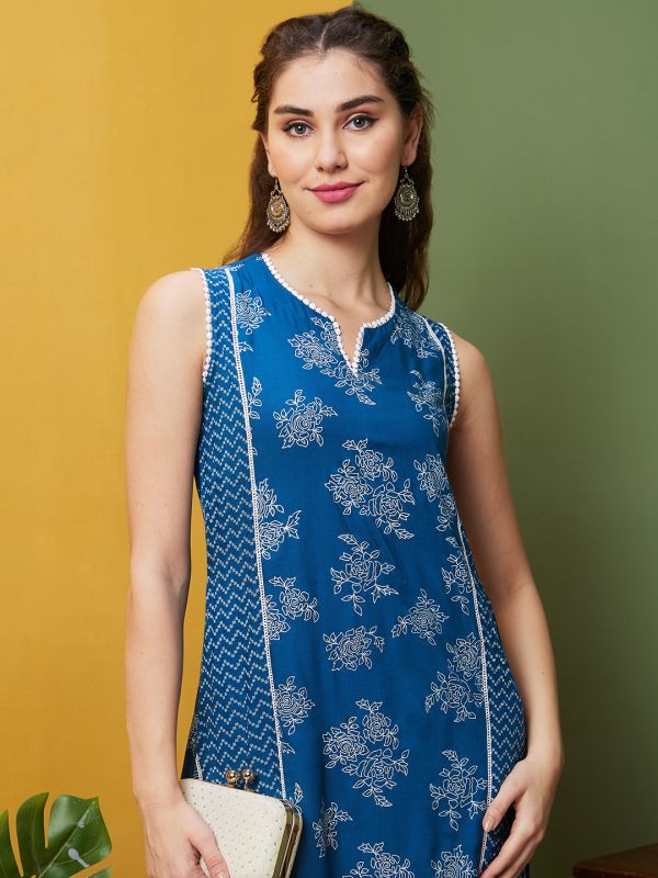 Globus Women Blue Floral Printed Asymmetric Hem Panelled A-Line Kurta & Pant Set
