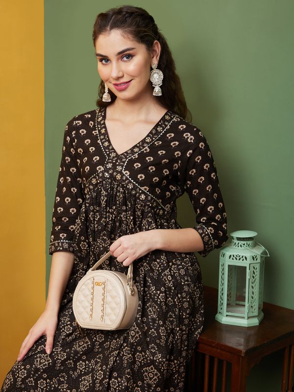 Globus Women Brown Floral Allover Printed Alia Cut A-Line Kurta & Trousers Set
