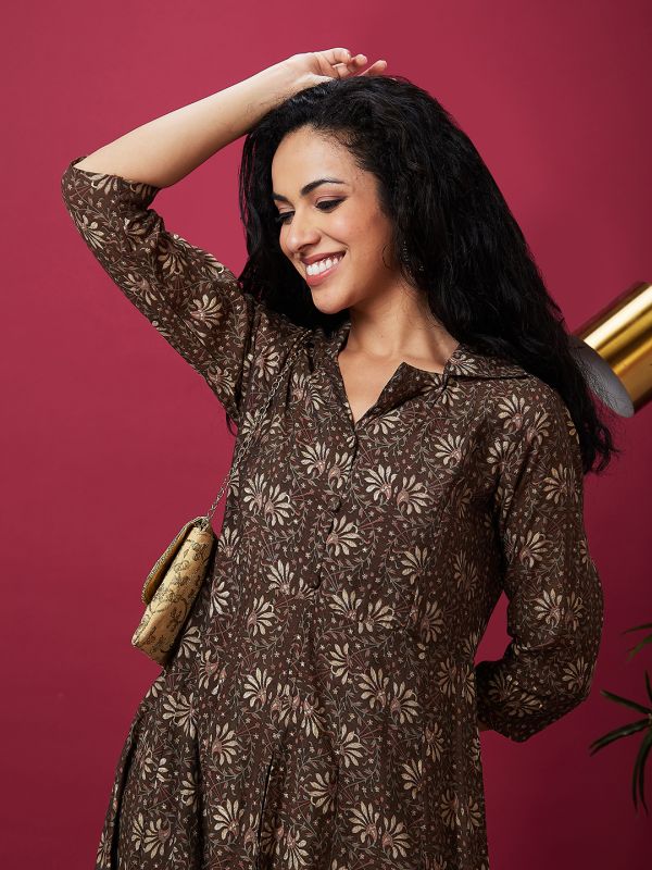 Globus Women Brown Floral Print Shirt Collar Straight Fusion Kurta Set With Pant