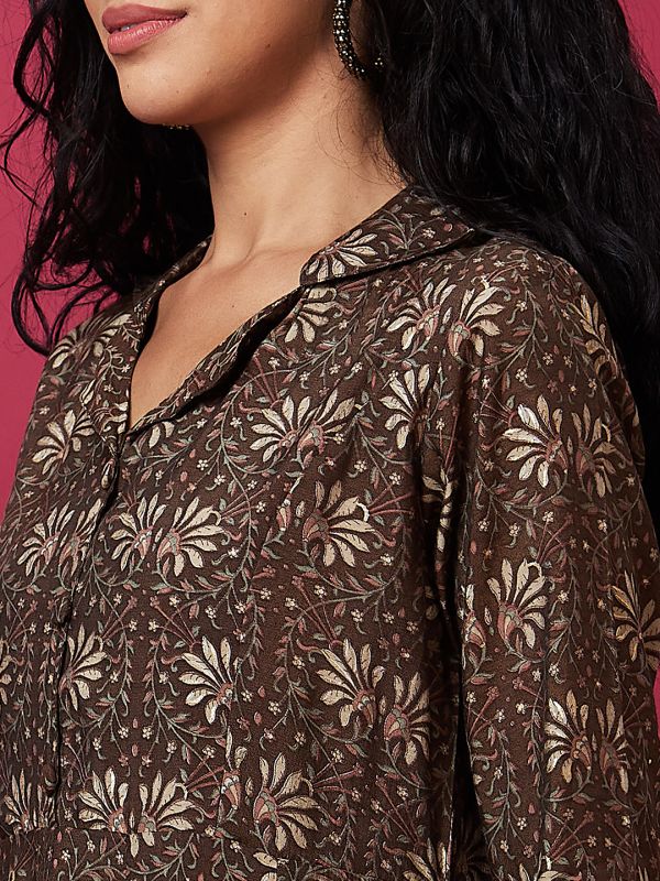 Globus Women Brown Floral Print Shirt Collar Straight Fusion Kurta Set With Pant