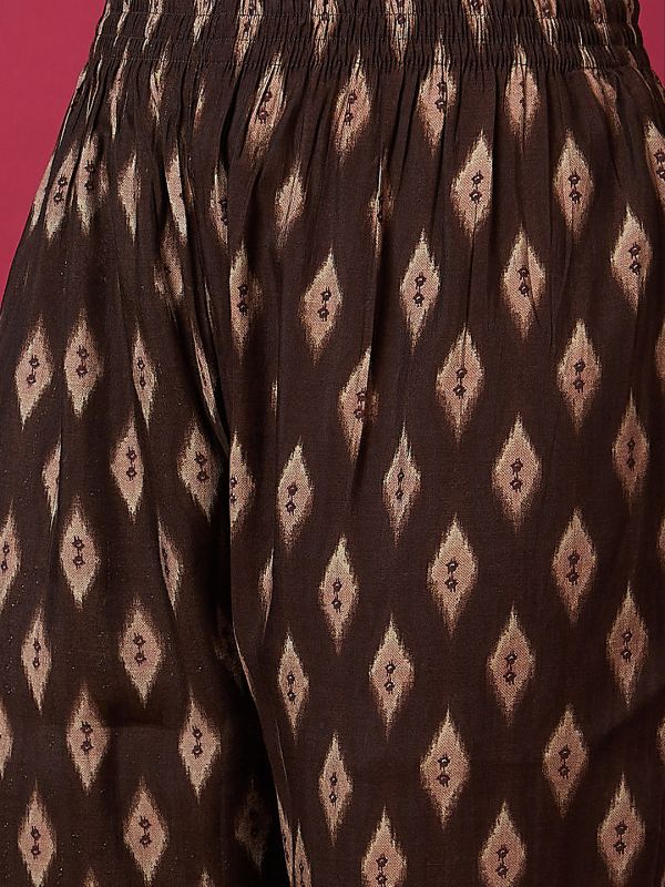 Globus Women Brown Floral Print Shirt Collar Straight Fusion Kurta Set With Pant