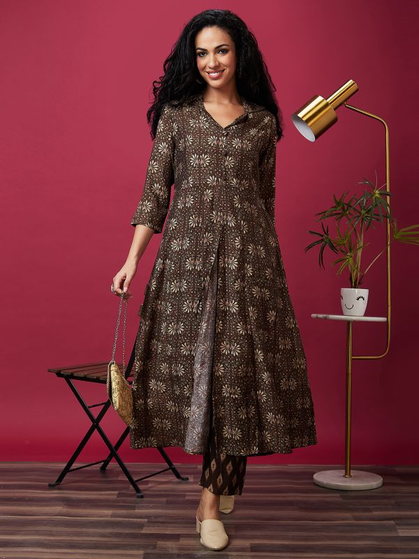 Globus Women Brown Floral Print Shirt Collar Straight Fusion Kurta Set With Pant
