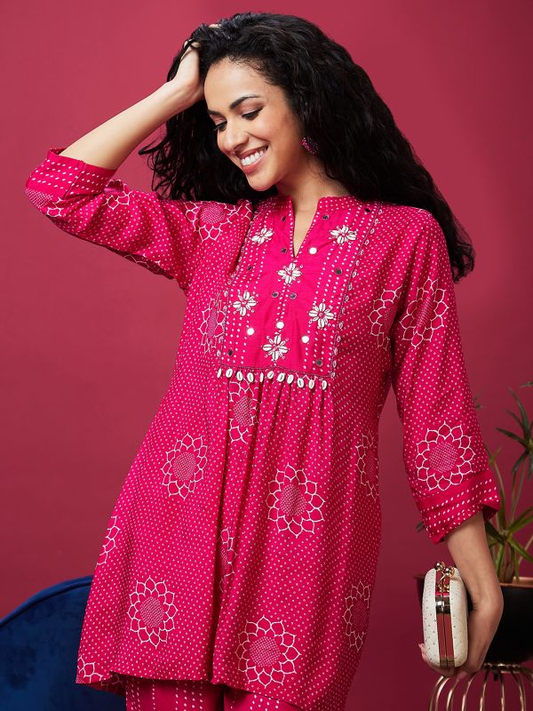 Globus Women Pink Ethnic Motifs Print Mandarin Collar Flared A-Line Kurta Set With Pant