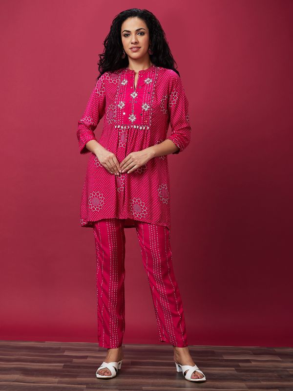 Globus Women Pink Ethnic Motifs Print Mandarin Collar Flared A-Line Kurta Set With Pant