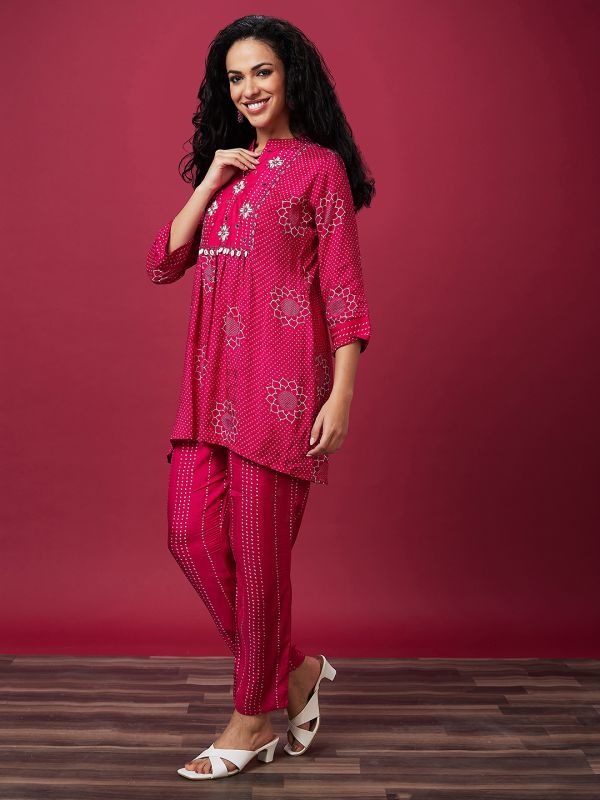 Globus Women Pink Ethnic Motifs Print Mandarin Collar Flared A-Line Kurta Set With Pant