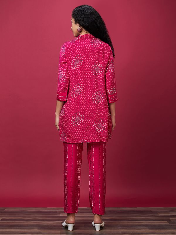 Globus Women Pink Ethnic Motifs Print Mandarin Collar Flared A-Line Kurta Set With Pant