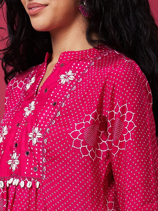 Globus Women Pink Ethnic Motifs Print Mandarin Collar Flared A-Line Kurta Set With Pant