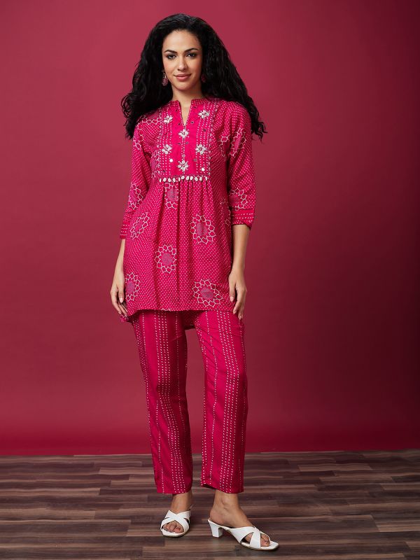 Globus Women Pink Ethnic Motifs Print Mandarin Collar Flared A-Line Kurta Set With Pant