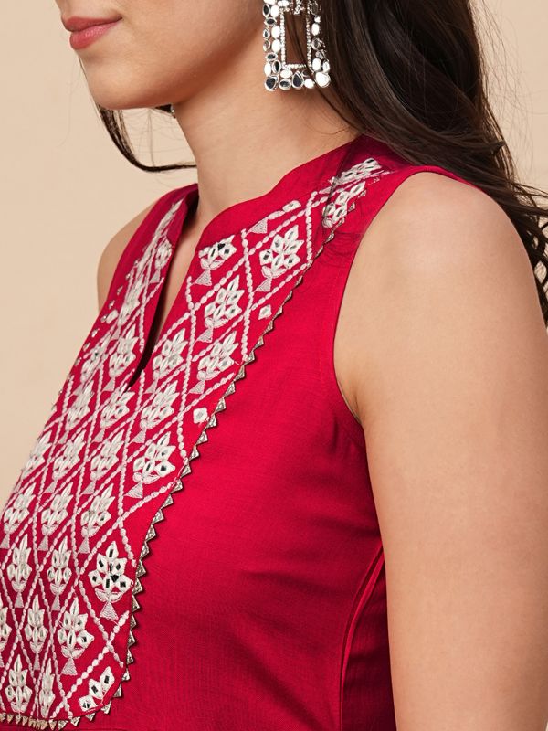 Globus Women Red Embroidered Yoke Panelled Gotta Lace A-Line Kurta With Straight Pants Festive Set
