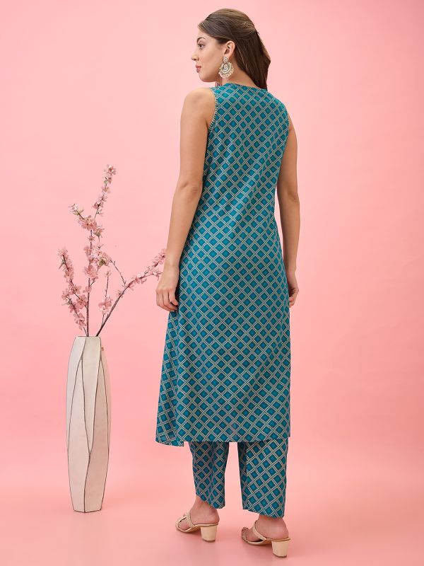 Globus Women Teal Thread Work Detail V-Neck A-Line Workwear Kurta & Pants Set