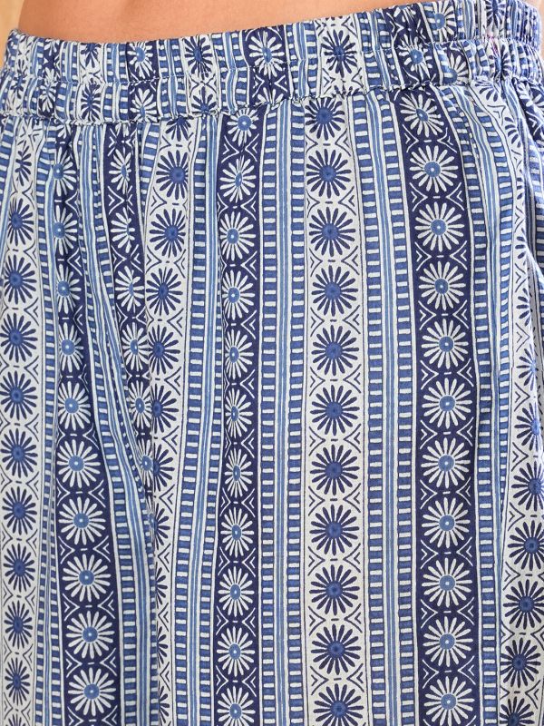 Globus Women Blue Mandarin Neck Allover Floral Printed A-Line Workwear Kurta With Straight Pants Set