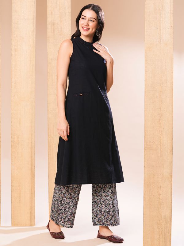 Globus Women Black A-Line Kurta With Printed Palazzos